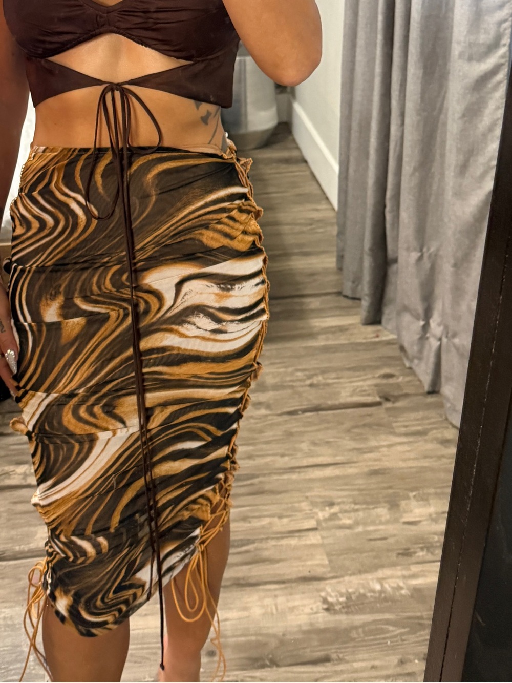 Ruched Mesh Midi Dress in Brown & Orange Animal Swirl